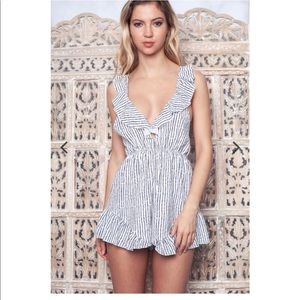 V Neck Polka Dot Striped Printed Ruffle Detail Sleeveless Romper